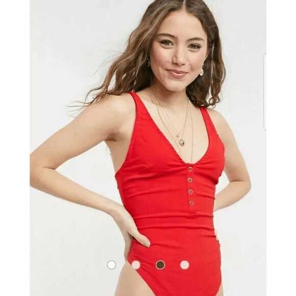 ❤️ FREE PEOPLE Larissa Tank V-Neck Thong Snap Button Red Bodysuit SIZE S - Picture 6 of 16
